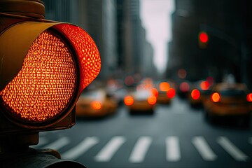 Close-up of a red traffic light with blurry city street and cars behind