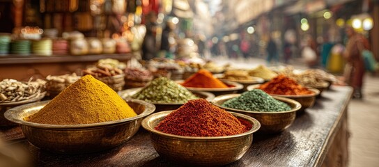 Vibrant piles of colorful spices in brass bowls at a market stall