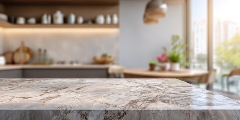 Marble countertop foreground, bright modern kitchen interior blurred background