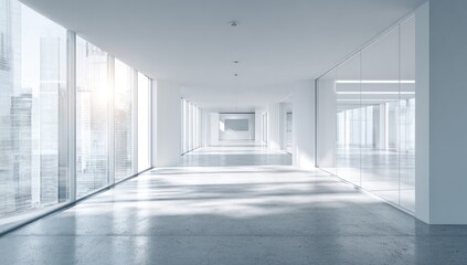 Expansive, sunlit modern hallway with glass walls and concrete floors