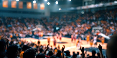 A blurred image of a basketball game with a crowd in the stands