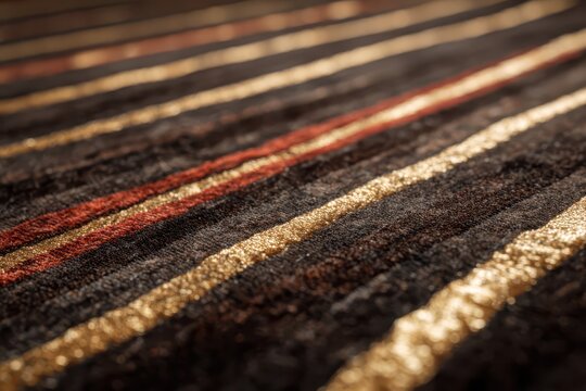 Close-up of a textured fabric with parallel lines of gold and rust colors on a dark brown background creating a rich, luxurious look.