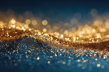Sparkling golden dust on dark blue surface, blurred bokeh background