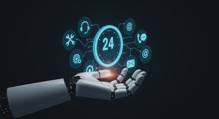 Naklejka na ściany i meble An AI robot arm cradles a digital interface, symbolizing 24/7 support and technological assistance. A striking digital representation of modern customer service, innovation, and technological support.