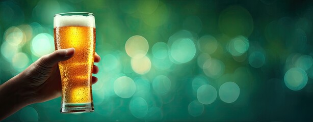 Hand holding a cold, frothy glass of beer with bokeh lights