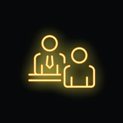 Neon light icon of a businessman standing behind a desk speaking with a client