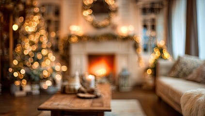 Cozy, blurred living room with Christmas tree, fireplace, and couch