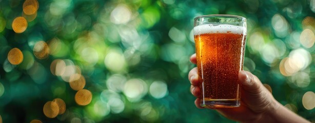 A person holds a glass of amber beer with frothy head, soft bokeh background