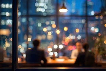 Softly lit interior with figures seated at a table, city lights bokeh background
