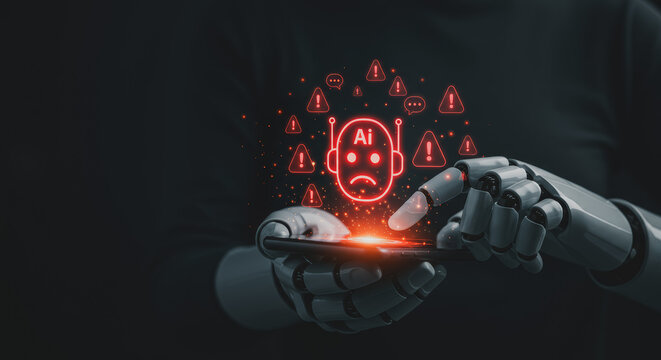 A robotic hand interact with a digital sad face robot icon, indicating technology failure in a futuristic concept, evoking feelings of malfunction and technological setbacks.