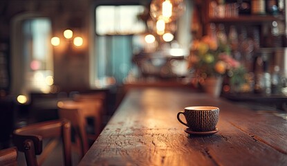 Cozy cafe counter with a single cup of coffee, warm lights