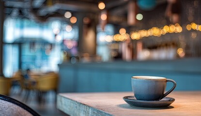 Coffee cup on a table in a modern cafe, softly lit