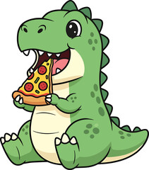Naklejka premium Cute Dinosaur Eating Pizza Illustration | Fun Cartoon Vector Character