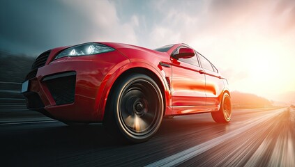 Naklejka premium Sleek red sports utility vehicle speeds along a scenic highway at sunset