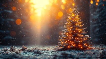 Naklejka premium A beautifully lit tree stands in a snowy forest as snowflakes gently fall