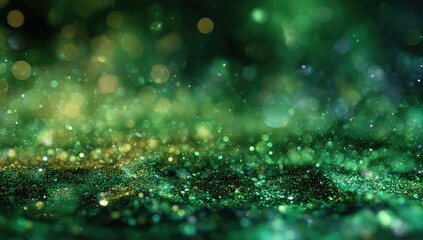 Sparkling emerald green particles and bokeh in atmospheric light