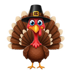 Thanksgiving Cartoon Turkey Character in Pilgrim Hat. Farm Bird with Feathers and Celebration Costume for Autumn Seasonal Design