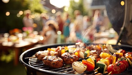 Summer backyard barbecue with food sizzling on the grill