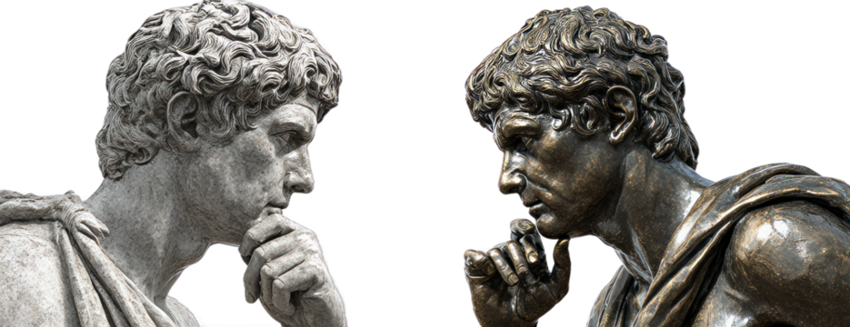 Classical Sculptures of Two Thinkers in Thoughtful Pose with Detailed Textures and Contrasting Finishes