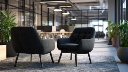 Modern office lounge area with two armchairs and plants