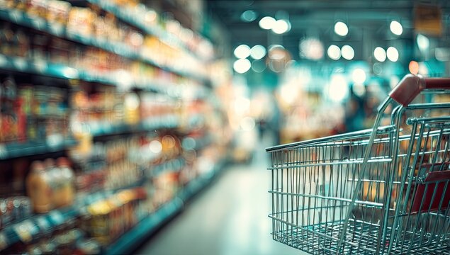Shopping cart in a brightly lit grocery store aisle with stocked shelves