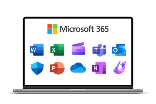 Laptop computer with logo Microsoft 365 programs and services