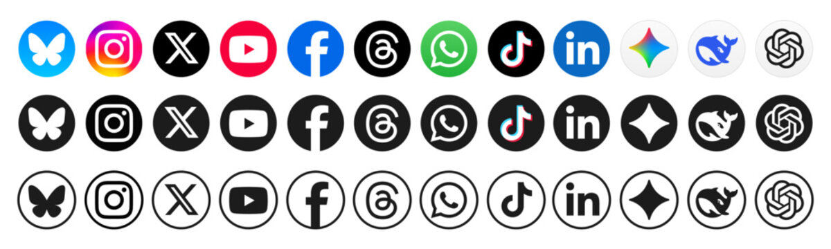 Social media icon set, social network logos, facebook, instagram, x, youtube, whatsapp, linkedIn, telegram, bluesky, tiktok. New Artificial Intelligence ai apps: chatgpt, deepseek, google gemini