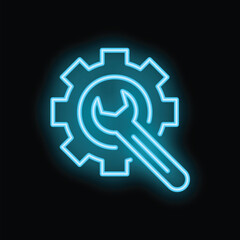 Blue neon wrench is overlaying a cogwheel, evoking maintenance