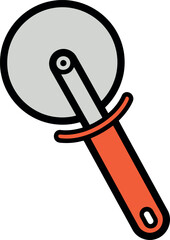 Pizza cutter tool with a round blade and orange handle for slicing food.