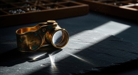 Patinated brass watchmaker's loupe on slate workbench in morning light