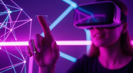 Woman in vr headset interacting with digital interface in a neon lit environment