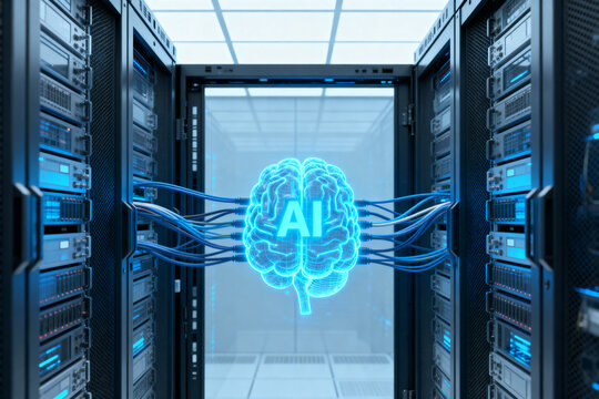 Artificial intelligence concept with a glowing brain and server racks