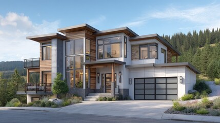Modern contemporary house design with a mountain view.