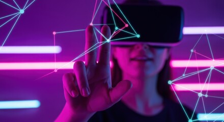 Woman experiencing virtual reality with futuristic technology and digital interface