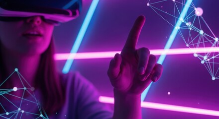 Woman in vr headset interacts with digital interface in a vibrant neon setting