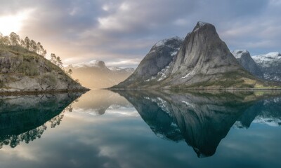 Obraz premium Serene fjord landscape at sunrise. Misty mountains reflected in