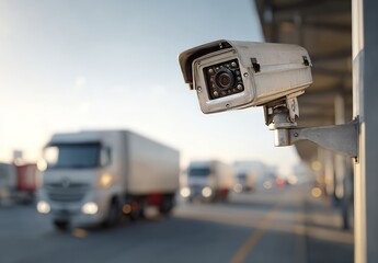 Surveillance Camera on Highway with Moving Trucks and Vehicles in Sunset Light