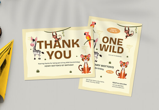 Playful Safari Birthday Invitation and Thank You Card Template with Cute Animal Illustration