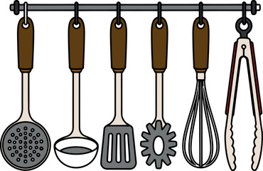 Collection of Kitchen Utensils Hanging on a Rack.