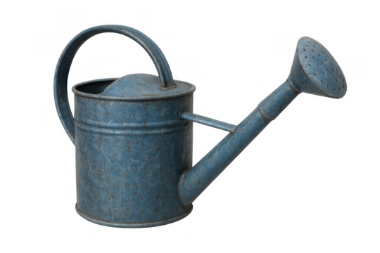 Blue vintage watering can showing aged metallic surface with rust, rustic garden tool for home gardening