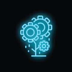 Neon blue icon of a plant growing with gears, symbolizing innovation and technological advancement