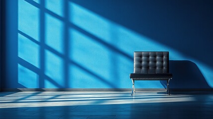 A solitary black chair sits in a brightly lit room, casting long shadows on the blue wall