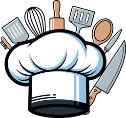 Chef hat surrounded by essential kitchen cooking utensils.