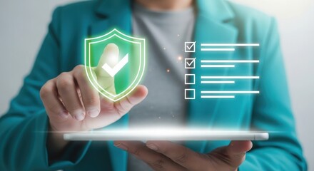 Person using digital tablet with security shield and checklist for protection