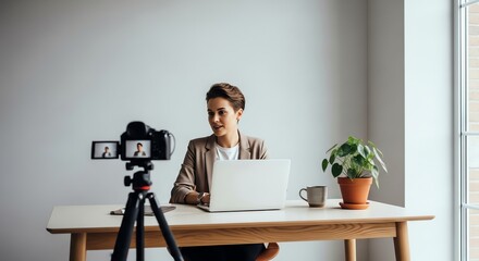 Woman recording video with laptop and camera