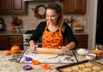 Woman Baking Halloween Cookies with Rolling Pin in Kitchen