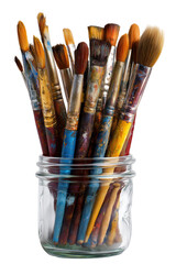 Fototapeta premium Colorful paintbrushes in glass jar cut out
