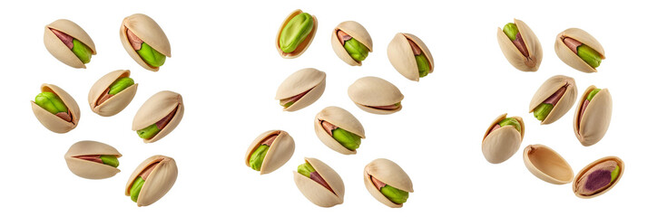 Obraz premium pistachio nuts set PNG. Pistachios falling down isolated. Green pistachio seeds top view flat lay suspended in air isolated. Organic and healthy pistachio PNG