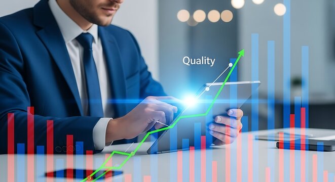 Businessman using tablet with growth graph and quality text overlay, representing business improvement and success in a modern office