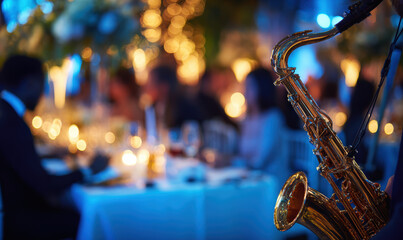 Fototapeta na wymiar Golden saxophone gleams in foreground of dimly lit, elegant dinner setting, creating warm and inviting atmosphere